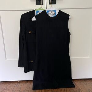 St. John Two Piece Set: Black Ribbed Knit Dress and Jacket